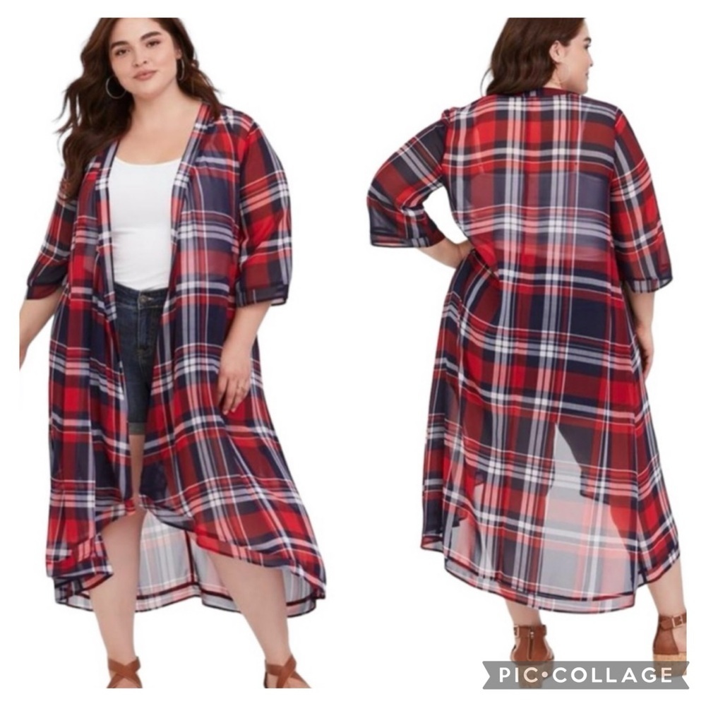 NWT Torrid Chiffon Maxi High Low Kimono Duster Women's Plus Size 1/2 Plaid Sheer